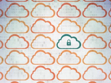 Ağ kavramı bulut: bulut üzerindeki dijital veri kağıt arka plan asma kilit simgesiyle