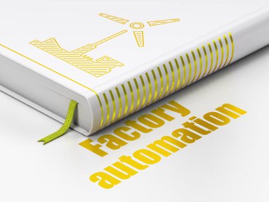 Manufacuring kavramı: kitap yel değirmeni, beyaz arka plan üzerinde Fabrika Otomasyonu