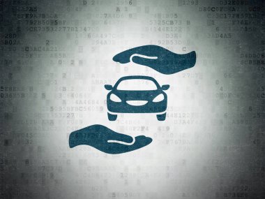 Sigorta kavramı: araba ve avuç içi dijital veri kağıt arka plan