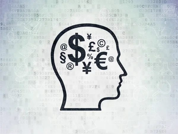 แนวคิดการศึกษา: หัวด้วยสัญลักษณ์การเงินบนพื้นหลังกระดาษข้อมูลดิจิตอล — ภาพถ่ายสต็อก