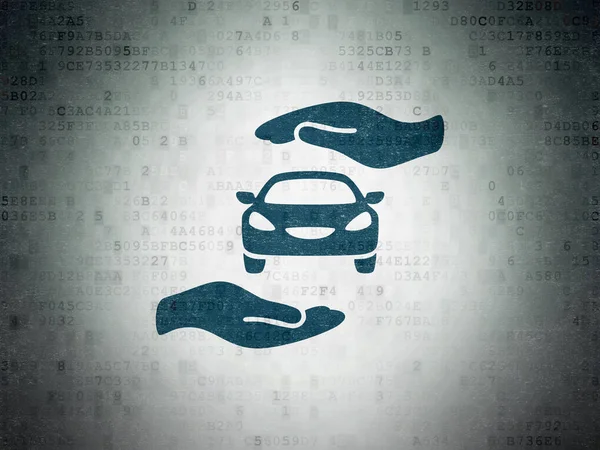 Versicherungskonzept: Auto und Handfläche auf digitalem Datenpapier — Stockfoto