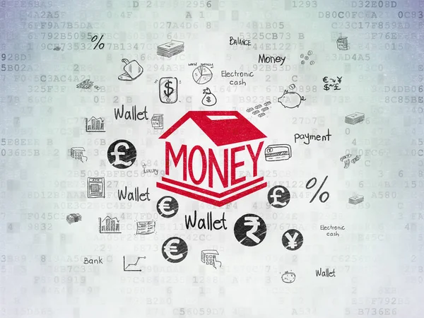 Koncept peněz: Money Box na pozadí digitálního datového papíru — Stock fotografie