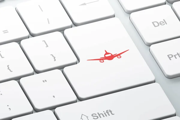 Turizm kavramı: uçak bilgisayarda klavye arka plan — Stok fotoğraf