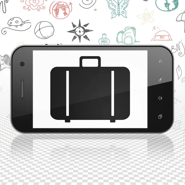 Utazási koncepció: Smartphone-val táska a kijelzőn — Stock Fotó