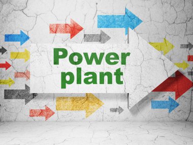 Endüstri kavramı: grunge duvar arka plan üzerinde enerji santrali ile ok