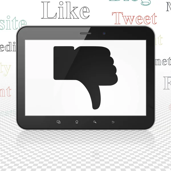 Sociala nätverk koncept: surfplatta med tumme ner på displayen — Stockfoto