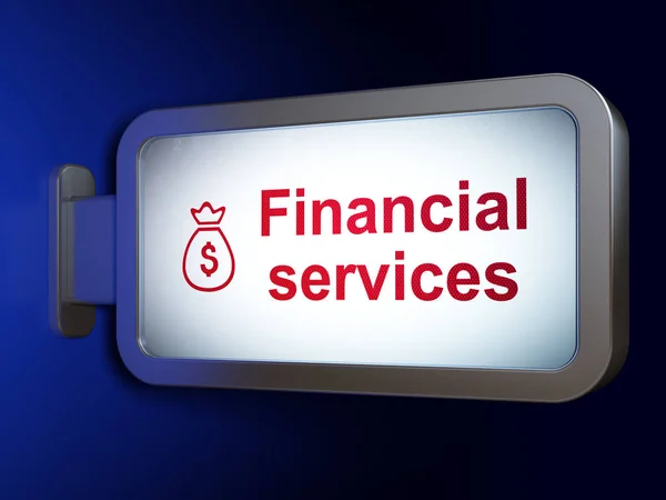 Koncepcja waluty: usługi finansowe i worek pieniędzy na billboard tło — Zdjęcie stockowe