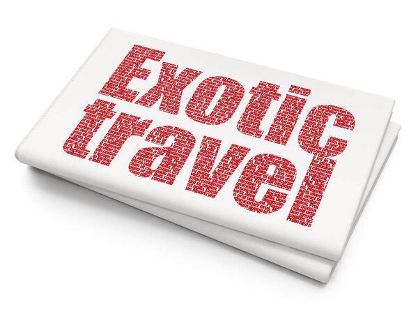 Vacation concept: Pixelated red text Exotic Travel on Blank Newspaper background, 3D rendering