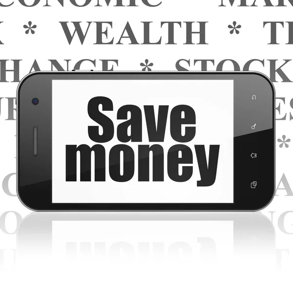 お金の概念: ディスプレイにお金を節約スマート フォン — ストック写真