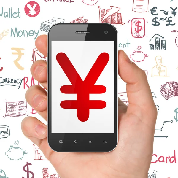 Banking konceptet: Hand hålla Smartphone med Yen på displayen — Stockfoto