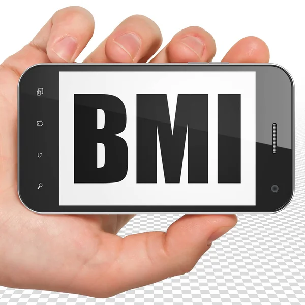 Concepto de medicina: Smartphone de mano con IMC en pantalla — Foto de Stock