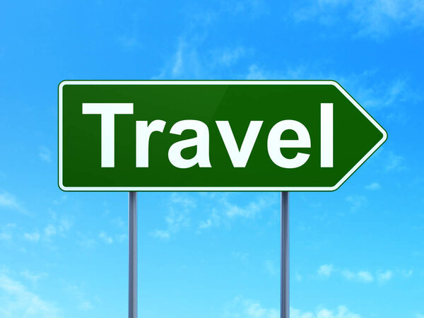 Entertainment, concept: Travel on green road highway sign, clear blue sky background, 3D rendering