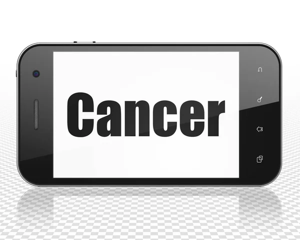 Conceito de cuidados de saúde: Smartphone com câncer em exposição — Fotografia de Stock