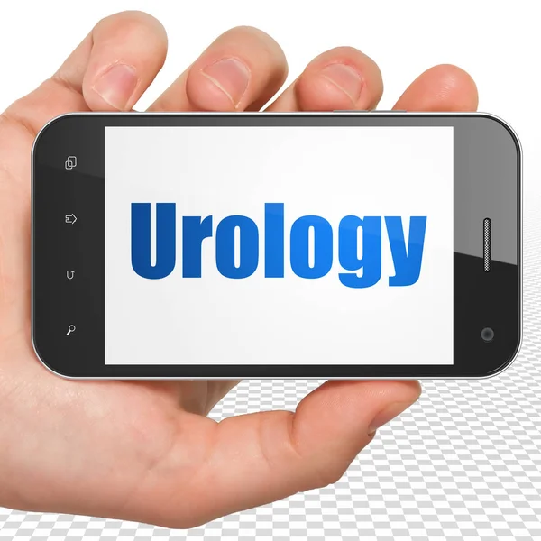 Conceito de saúde: mão segurando Smartphone com urologia em exibição — Fotografia de Stock