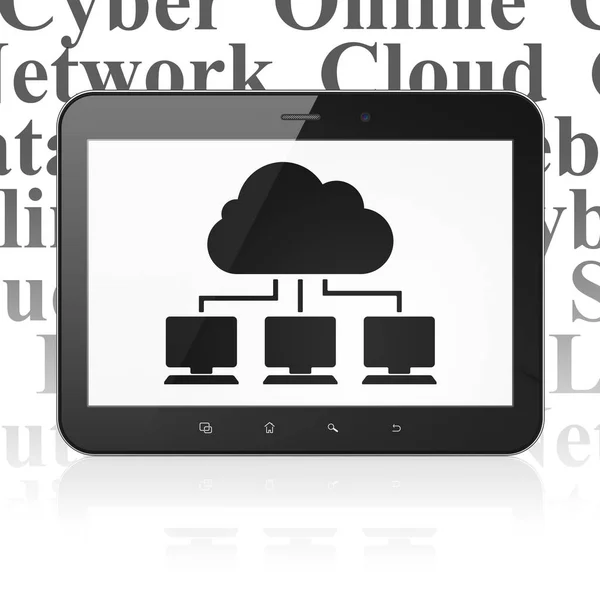 Concetto di tecnologia cloud: computer tablet con rete cloud in mostra — Foto Stock