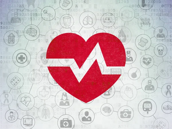 Conceito de saúde: coração sobre fundo de papel de dados digitais — Fotografia de Stock