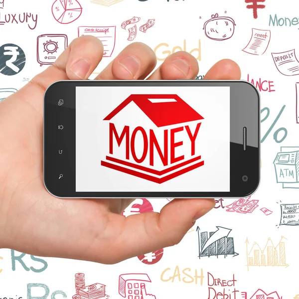 Geld-Konzept: Smartphone mit Spardose in der Hand — Stockfoto