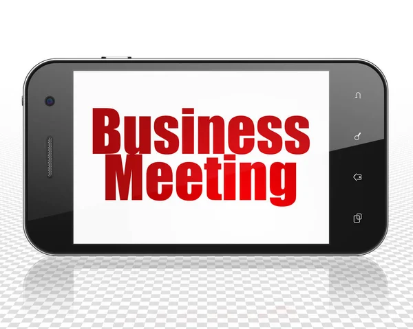 Conceito de finanças: Smartphone com reunião de negócios em exibição — Fotografia de Stock