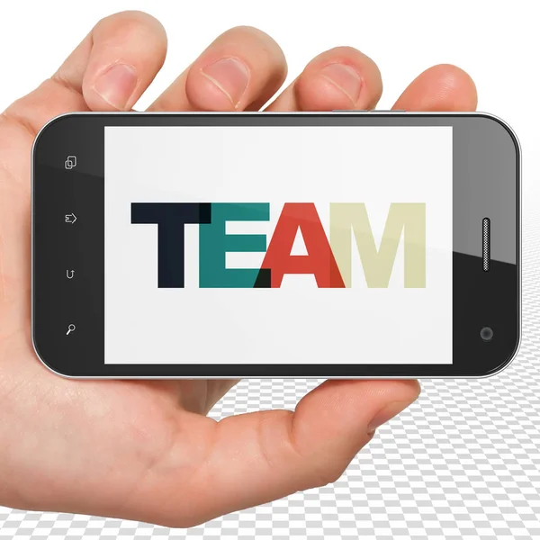 Finanzkonzept: Smartphone mit Team in der Hand auf dem Display — Stockfoto