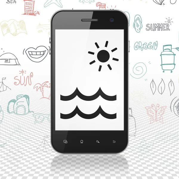 Concepto de vacaciones: Smartphone con playa en pantalla — Foto de Stock