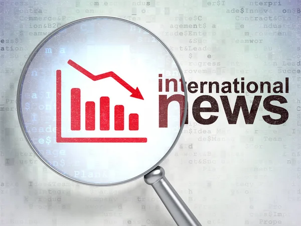 News concept: Decline Graph and International News with optical glass — Stock Photo, Image