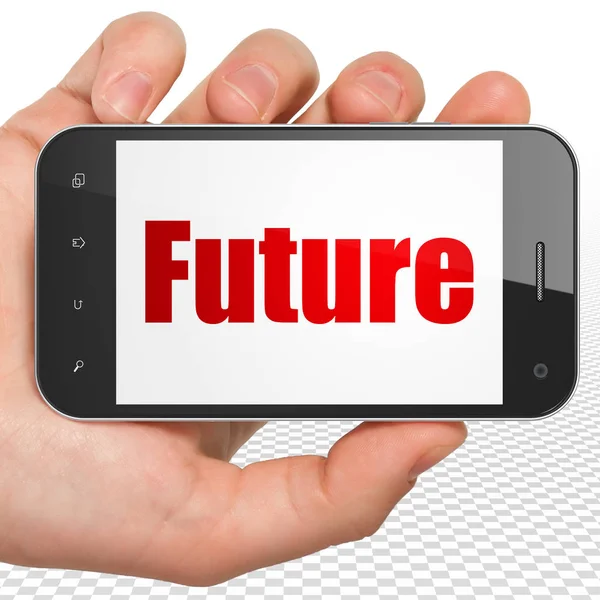 Koncept časové osy: ruka držící Smartphone s budoucností na displeji — Stock fotografie