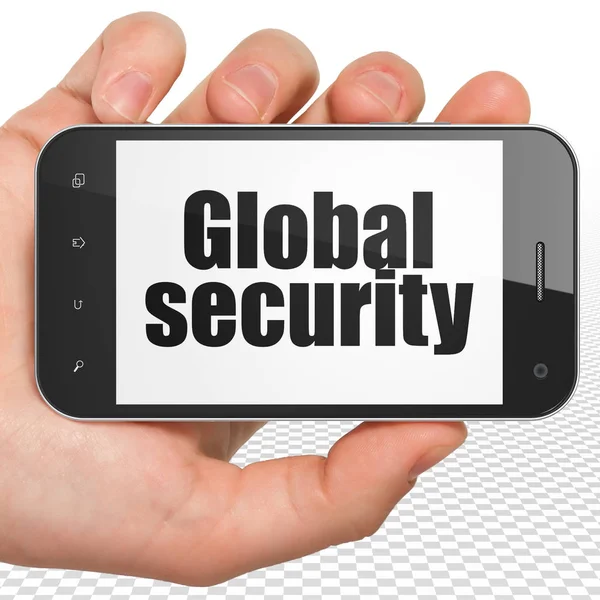 Conceito de segurança: Mão Segurando Smartphone com Segurança Global em exibição — Fotografia de Stock