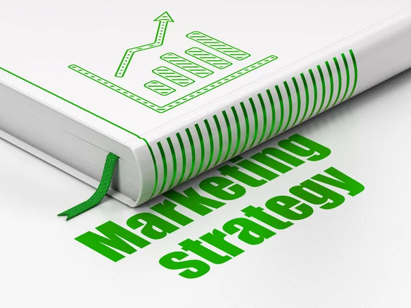 Marketingové koncepce: kniha růstový graf, marketingovou strategii na bílém pozadí — Stock fotografie
