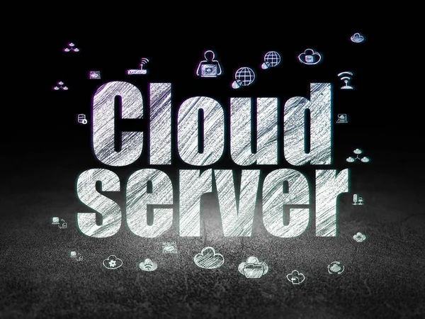 Концепция облачных технологий: облачный сервер в гранж-темной комнате — стоковое фото