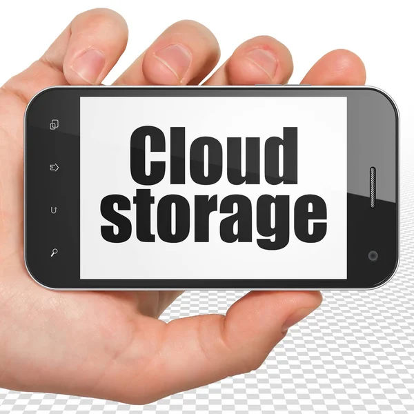 Σύννεφο δικτύωσης έννοια: χέρι εκμετάλλευση Smartphone με χώρο αποθήκευσης στο Cloud στην οθόνη — Φωτογραφία Αρχείου