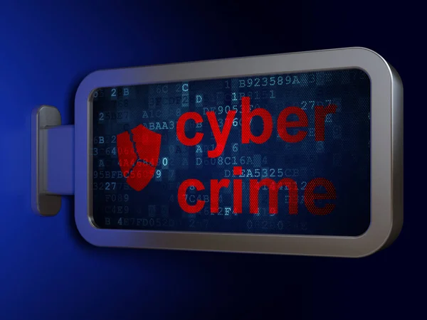 Концепция защиты: киберпреступность и сломанный щит на фоне рекламного щита — стоковое фото