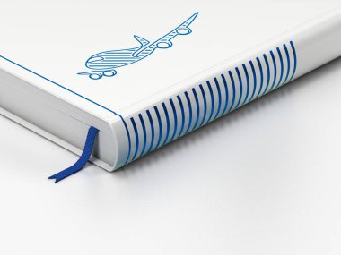 Seyahat kavramı: kapalı kitap, beyaz arka plan üzerinde uçak