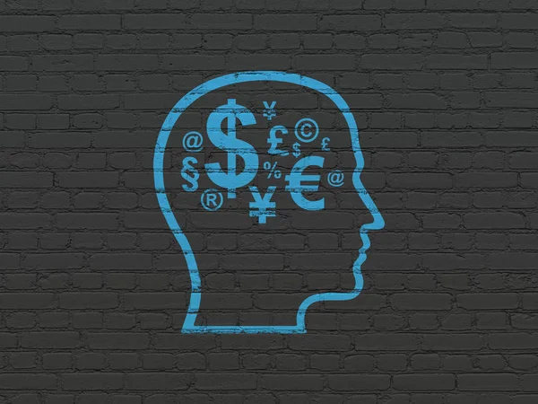 Концепция бизнеса: Глава с финансовым символом на фоне стен — стоковое фото