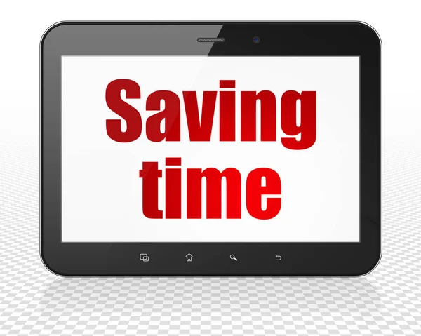 Koncepcja Timeline: komputer typu Tablet Pc z oszczędności czasu na wyświetlaczu — Zdjęcie stockowe