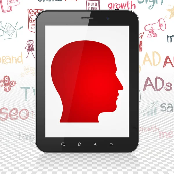 Koncepcja Reklama: komputer typu Tablet z głową na wyświetlaczu — Zdjęcie stockowe