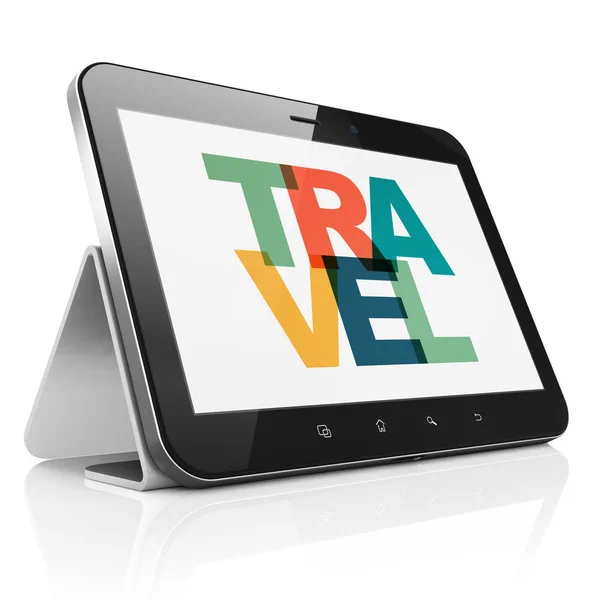 Rozrywka, koncepcja: komputer typu Tablet z podróży na wyświetlaczu — Zdjęcie stockowe