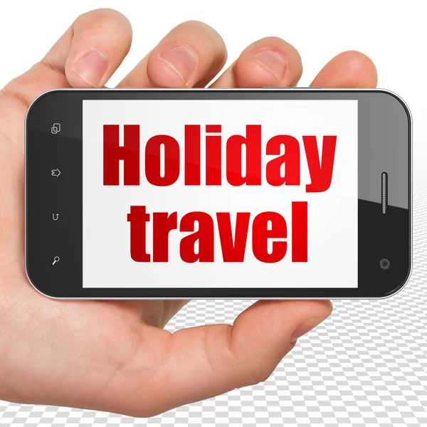 Koncepcję wakacji: rękę trzymając smartfon z wakacyjnych podróży na wyświetlaczu — Zdjęcie stockowe