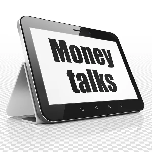 Financiën concept: Tablet PC met besprekingen van het geld op display — Stockfoto