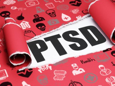 Sağlık kavramı: metin TSSB yırtık kağıt altında siyah