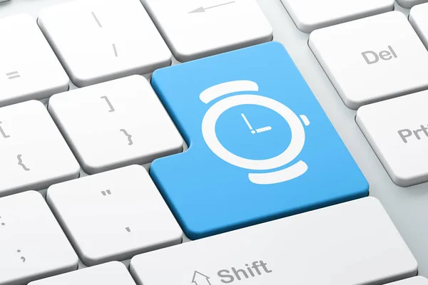 Timeline concept: Hand Watch on computer keyboard background — Stock Photo, Image