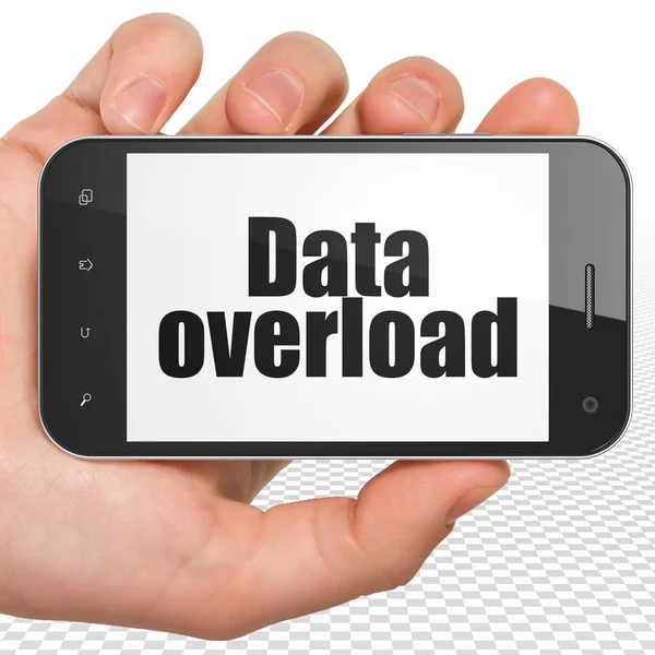 Data concept: Hand Holding Smartphone with Data Overload on display — Stock Photo, Image