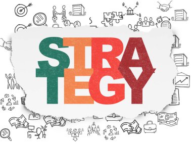 İş kavramı: strateji yırtılmış kağıt arka plan üzerinde