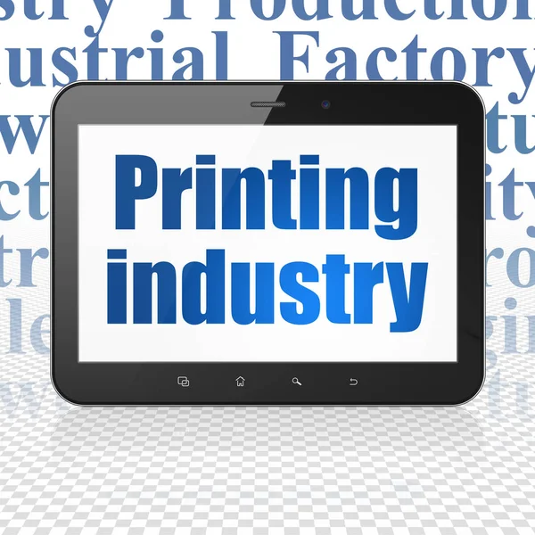 Herstellungskonzept: Tablet-Computer mit Druckindustrie auf dem Display — Stockfoto