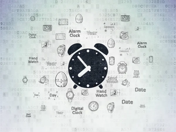Conceito de linha do tempo: Relógio de alarme em fundo de papel de dados digitais — Fotografia de Stock
