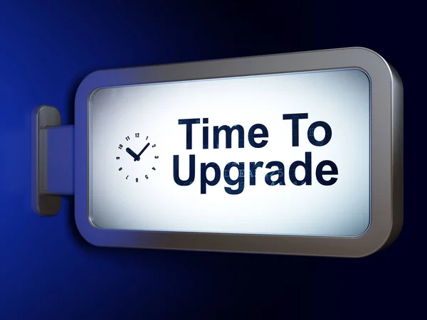 Pojem o čase: čas na Upgrade a hodiny na billboardu na pozadí — Stock fotografie