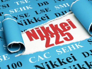 Borsa endeksler kavramı: kırmızı metin Nikkei 225 yırtık kağıt altında