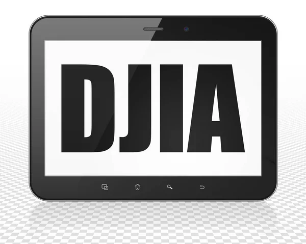 Aktiemarknaden indexerar koncept: Tablet Pc-dator med Djia på displayen — Stockfoto