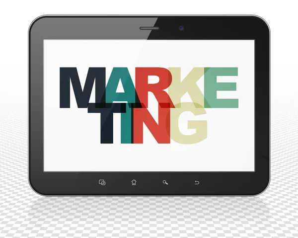 Marketingkonzept: Tablet-PC mit Marketing auf dem Display — Stockfoto