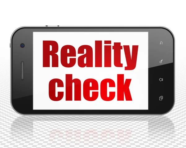 Finanzierungskonzept: Smartphone mit Reality-Check auf dem Display — Stockfoto