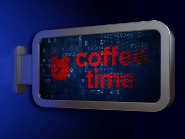 Time concept: Coffee Time and Alarm Clock on billboard background — Stock Photo, Image